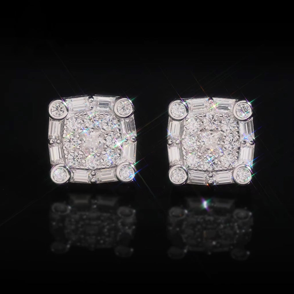 Square Earrings Screw Back Moissanite Silver S925 + Rhodium
