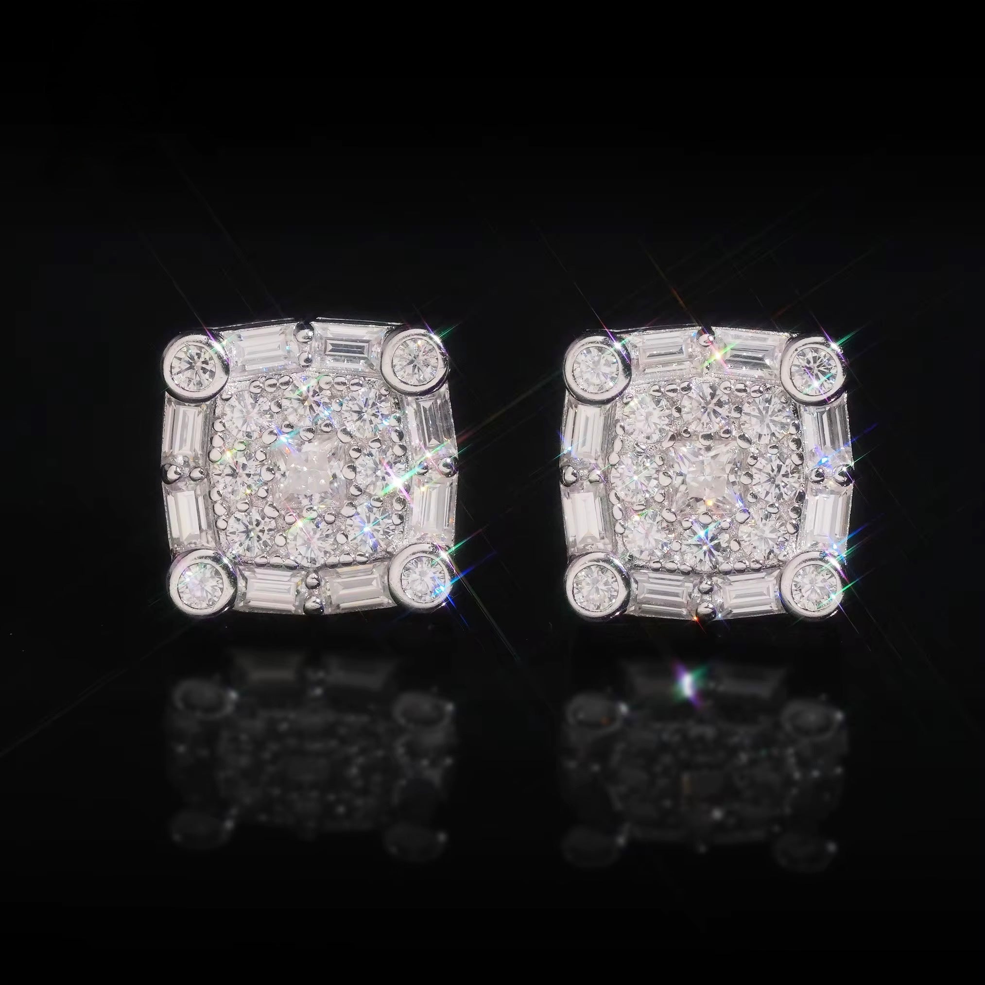 Square Earrings Screw Back Moissanite Silver S925 + Rhodium