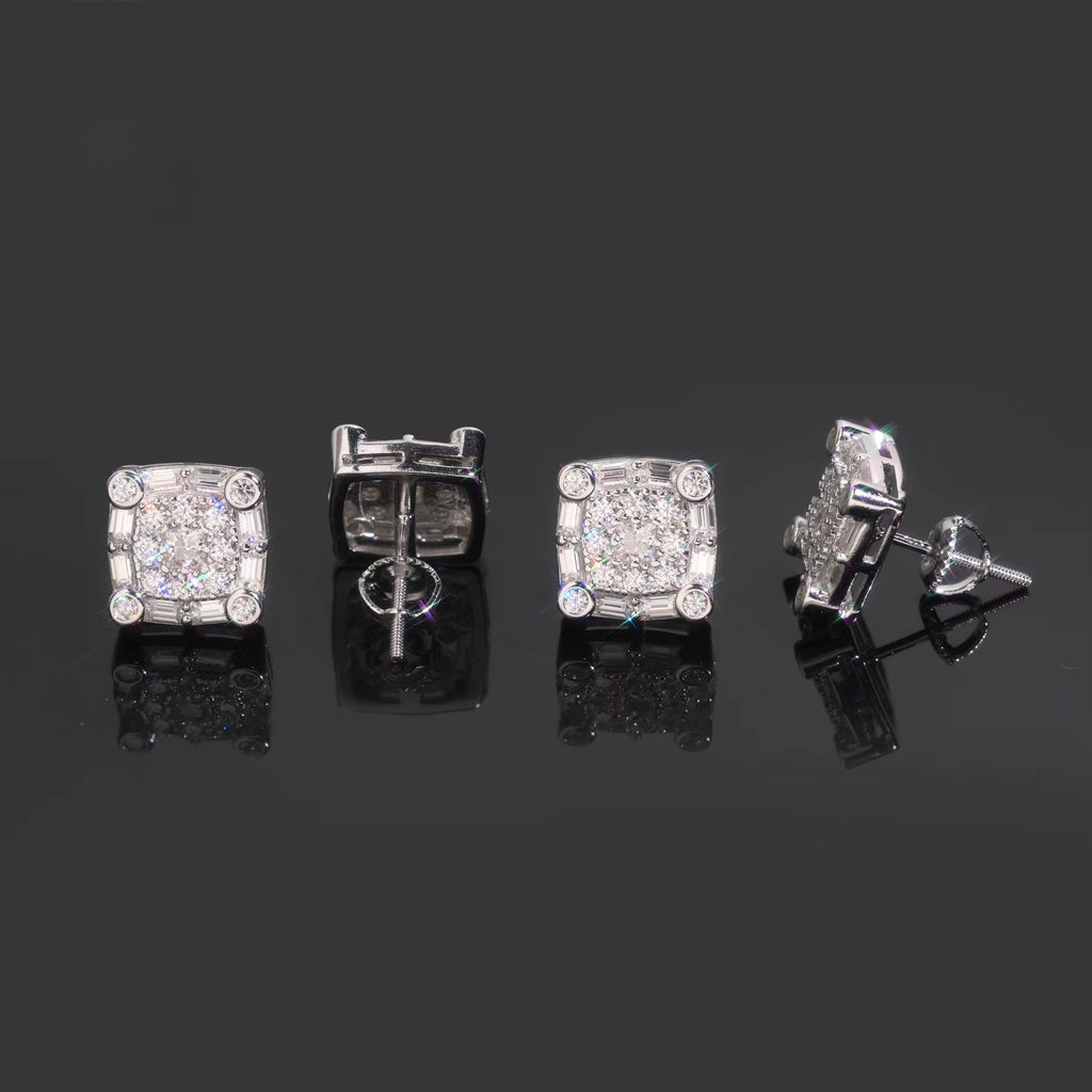 Square Earrings Screw Back Moissanite Silver S925 + Rhodium