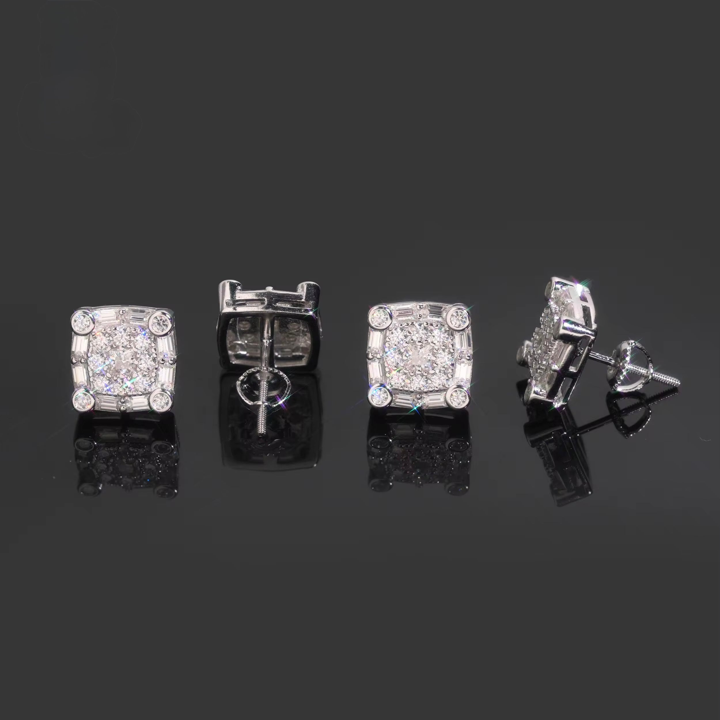 Square Earrings Screw Back Moissanite Silver S925 + Rhodium