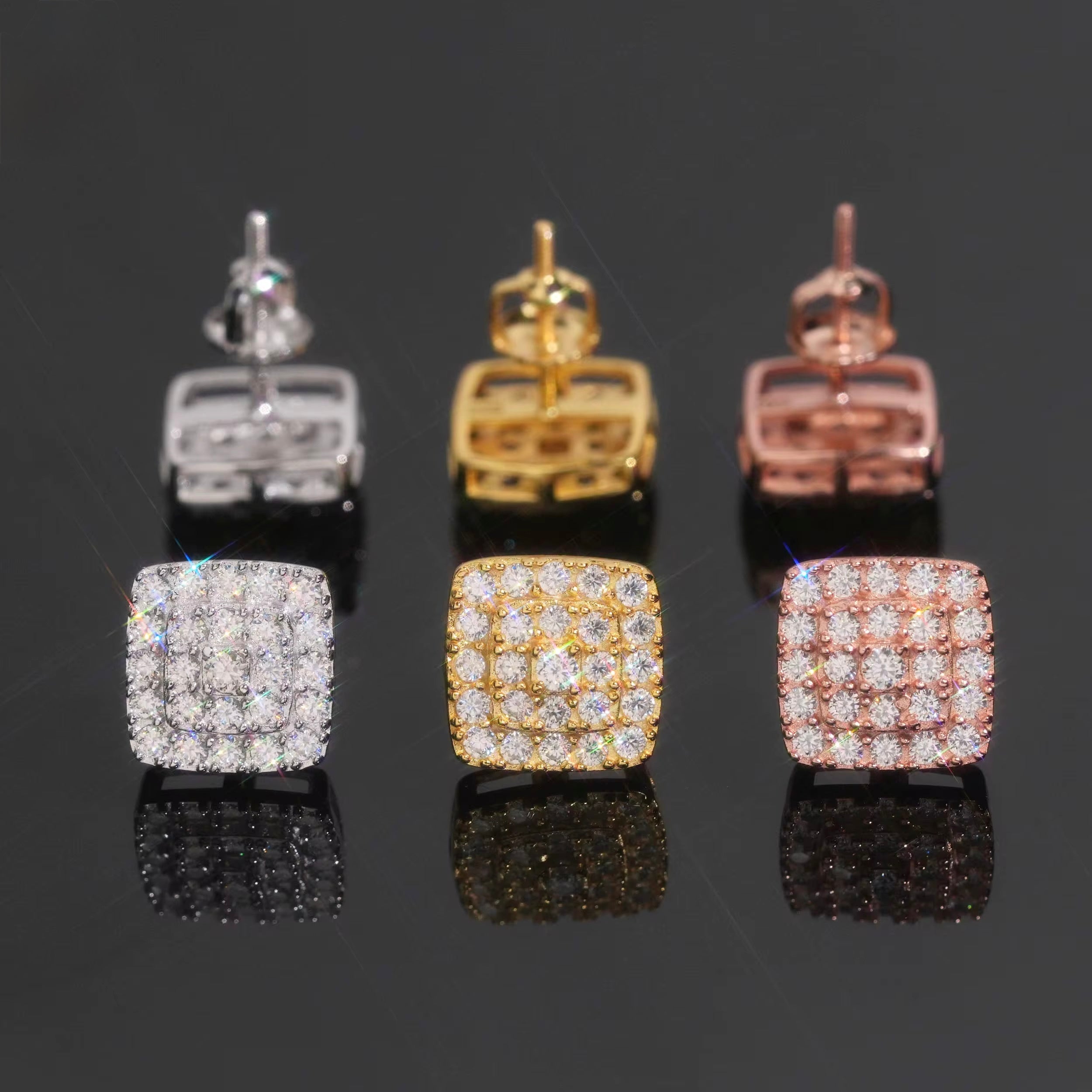 Square Earrings Screw Back Moissanite Silver S925 + Rhodium
