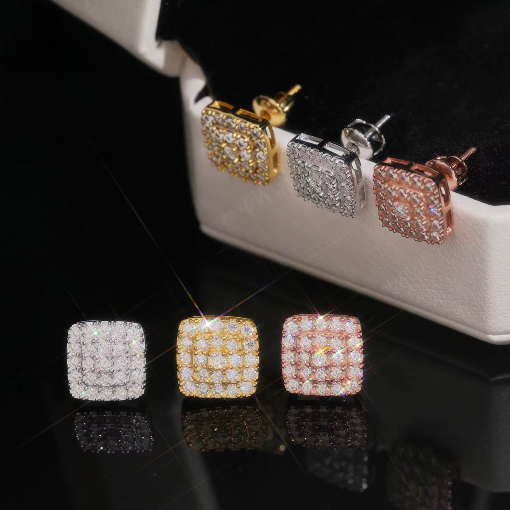 Square Earrings Screw Back Moissanite Silver S925 + Rhodium
