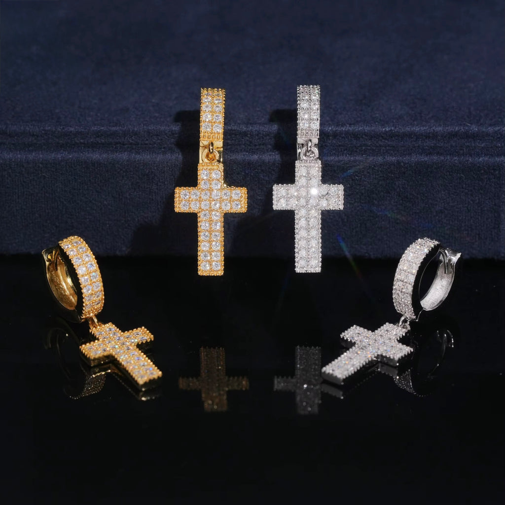 Cross Hoops Earrings Screw Back Moissanite Silver S925 + Rhodium