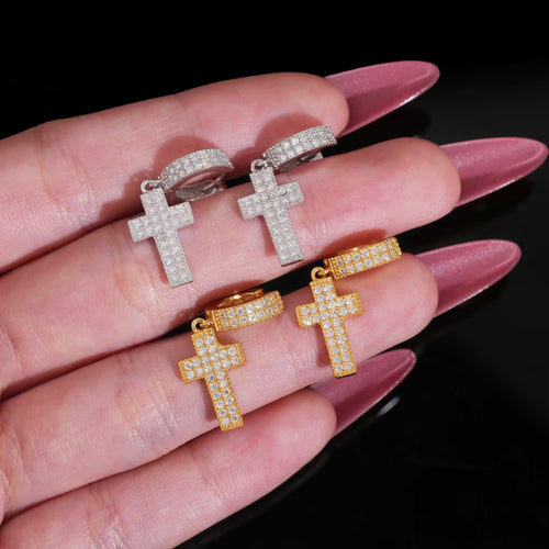 Cross Hoops Earrings Screw Back — Moissanite, 925 Silver