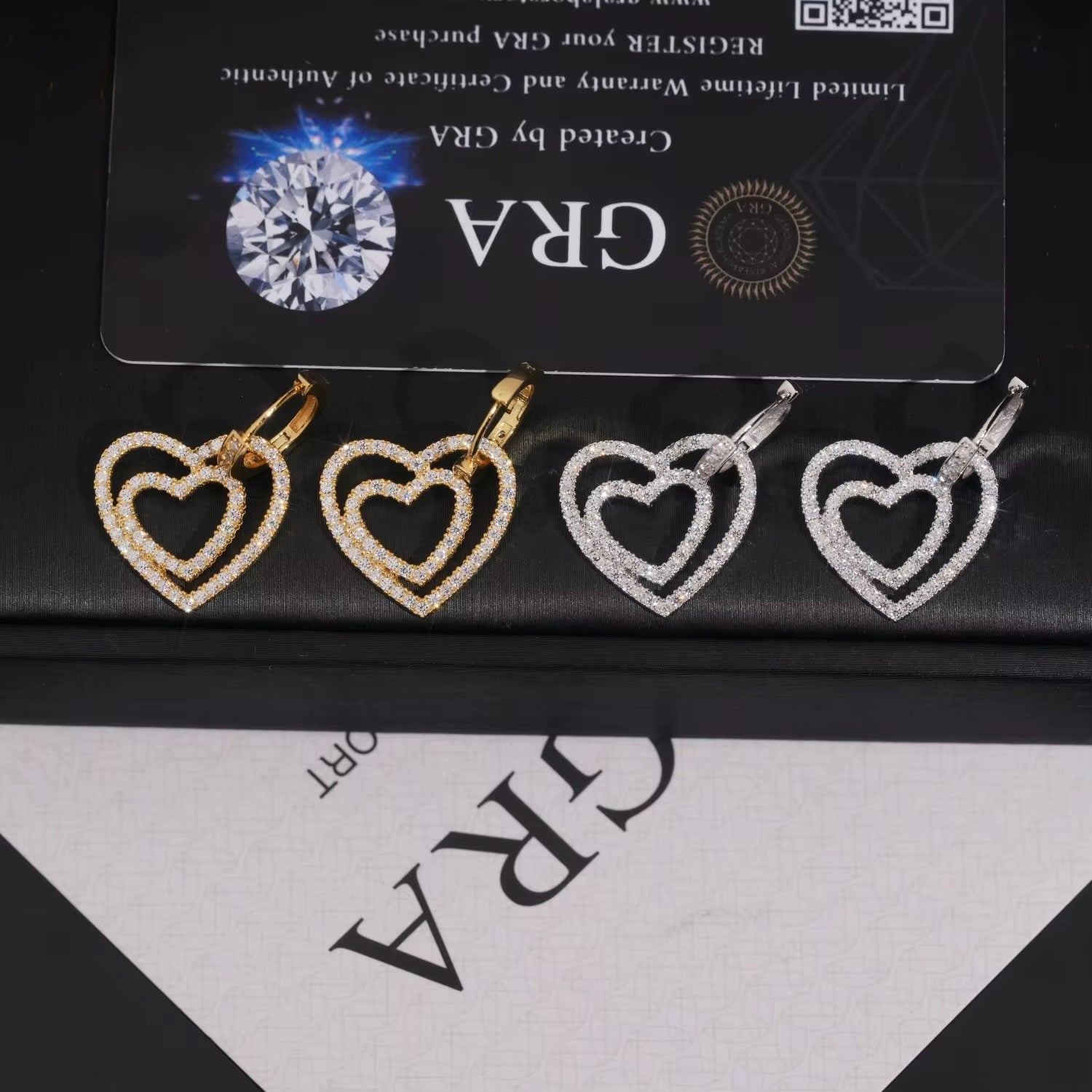 Hearts 2 Earrings Screw Back Moissanite Silver S925 + Rhodium