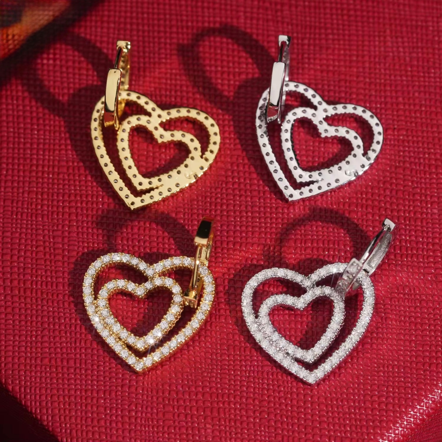 Hearts 2 Earrings Screw Back Moissanite Silver S925 + Rhodium