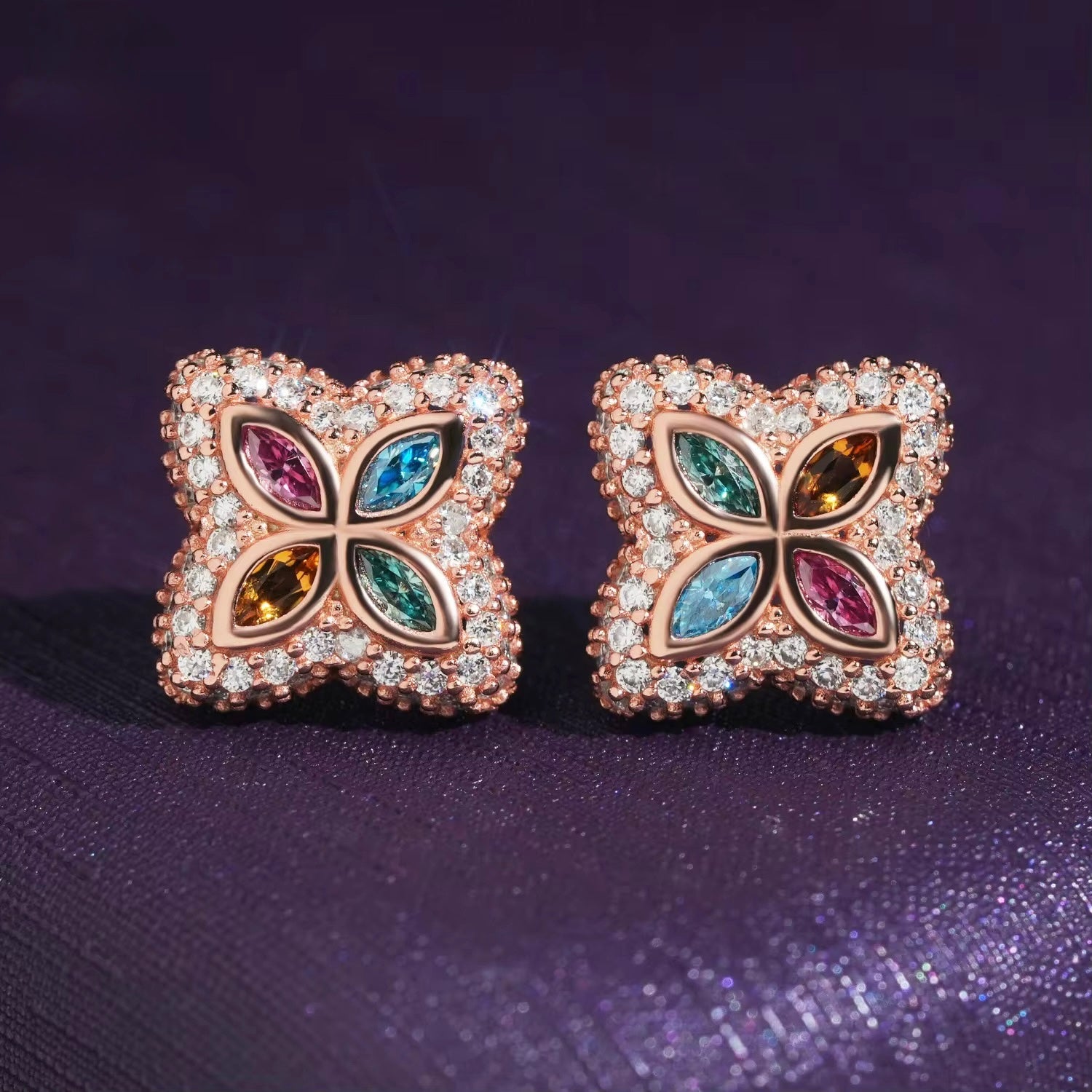 Clover Big Earrings Screw Back Moissanite Silver S925 + Rhodium
