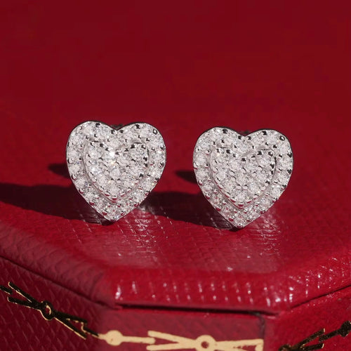 Heart Cluster Earrings Screw Back — Moissanite, 925 Silver