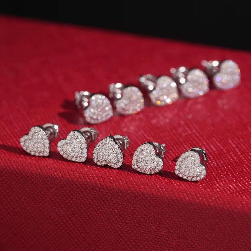 Hearts 2 Earrings Screw Back Moissanite Silver S925 + Rhodium