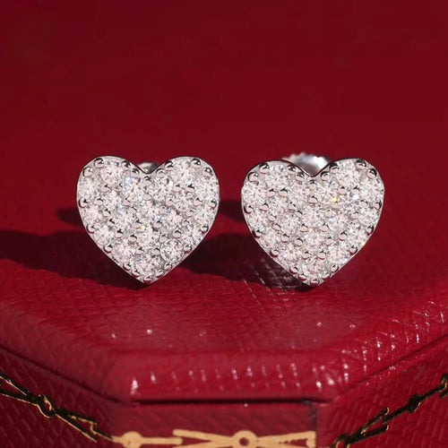 Pavé Heart Earrings Screw Back — Moissanite, 925 Silver