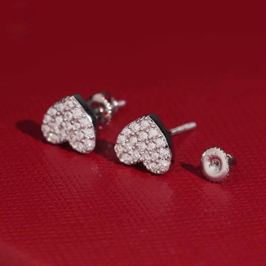 Hearts Earrings Screw Back Moissanite Silver S925 + Rhodium