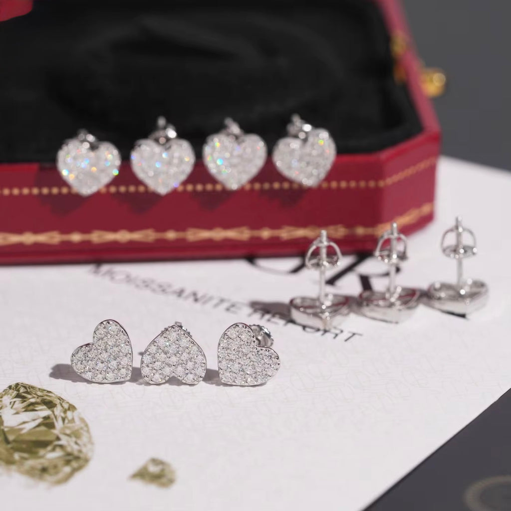 Hearts Earrings Screw Back Moissanite Silver S925 + Rhodium