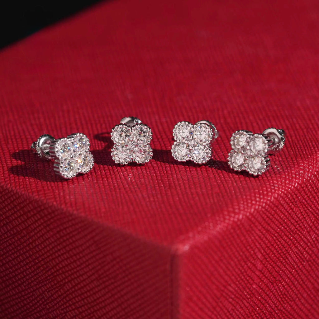 Clover Earrings Screw Back Moissanite Silver S925 + Rhodium