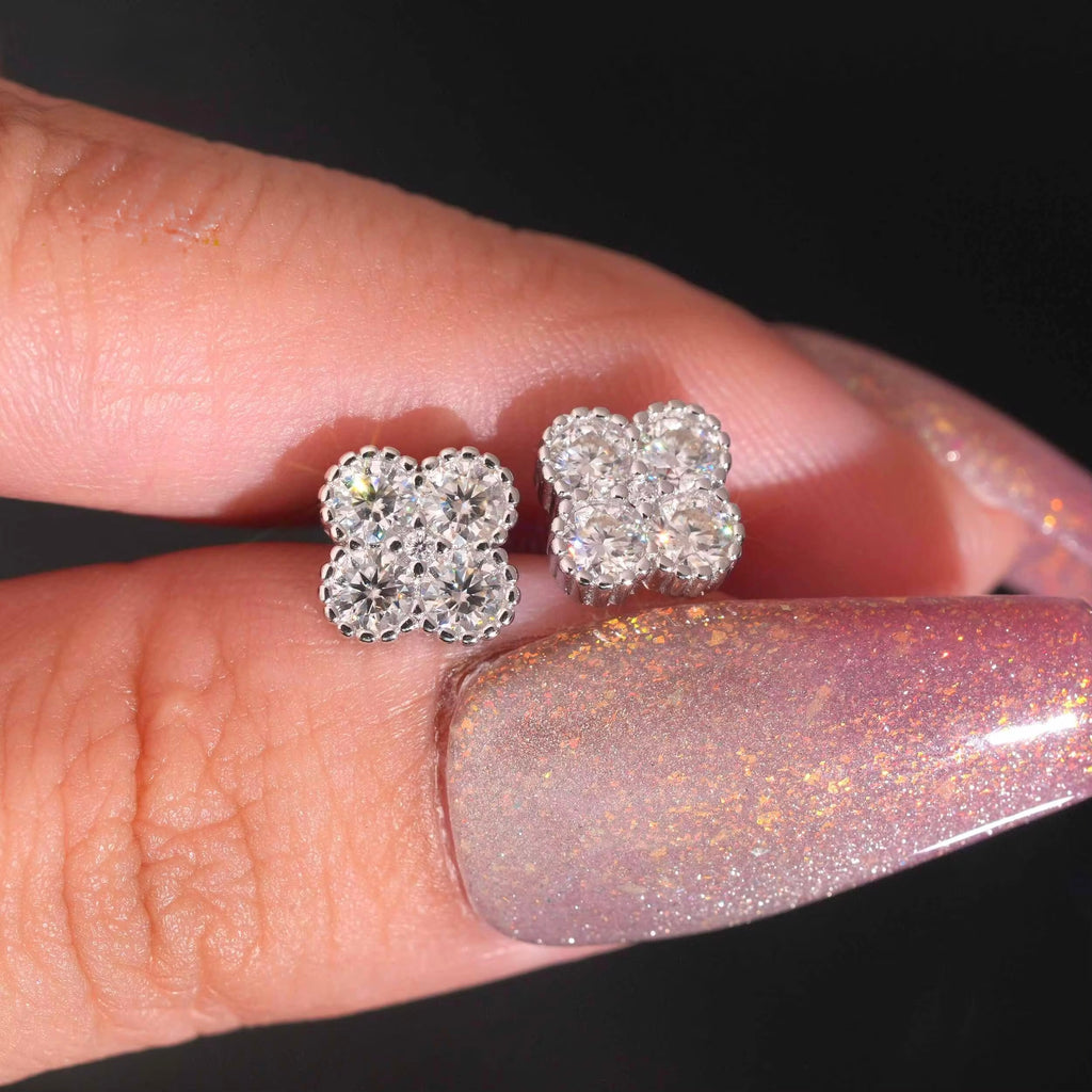 Clover Earrings Screw Back Moissanite Silver S925 + Rhodium