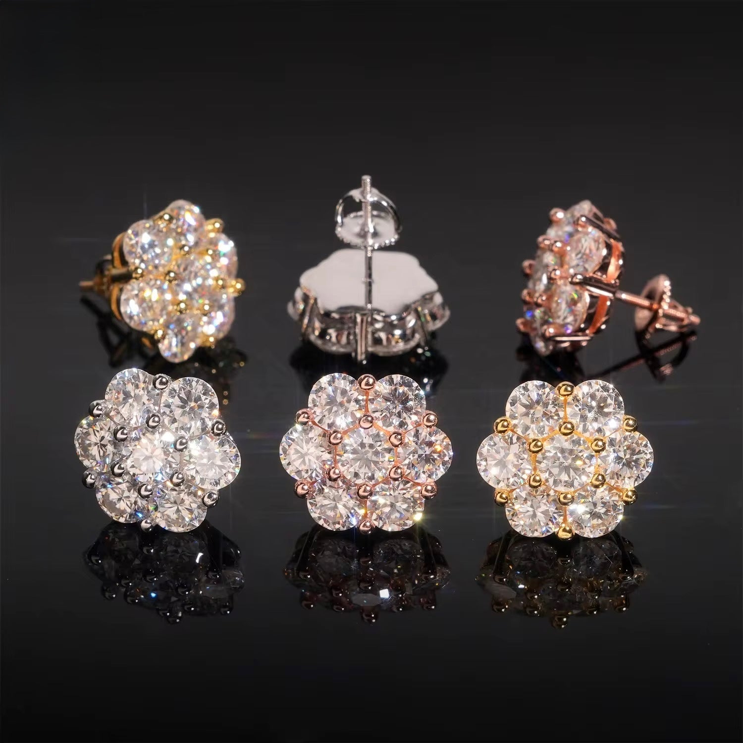 Flower Earring Screw Back Moissanite Silver S925 + Rhodium
