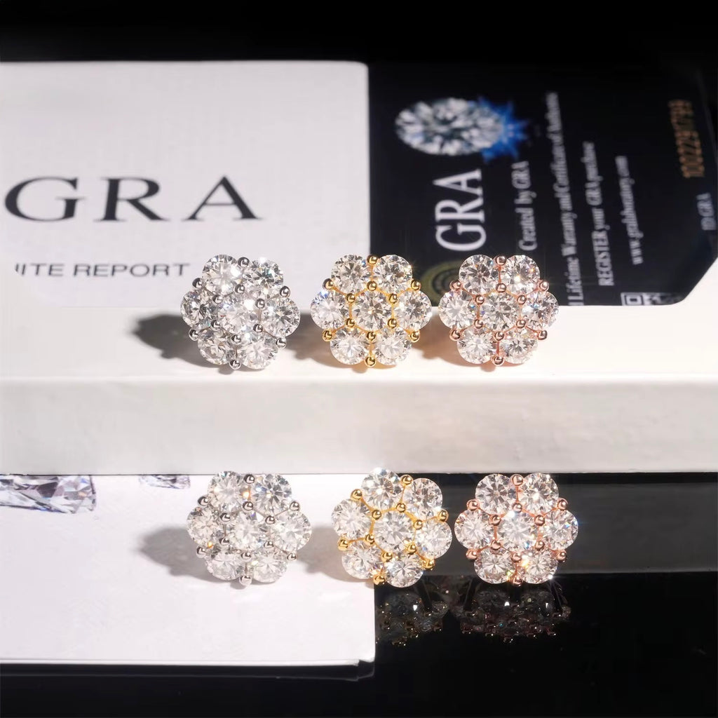 Flower Earring Screw Back Moissanite Silver S925 + Rhodium