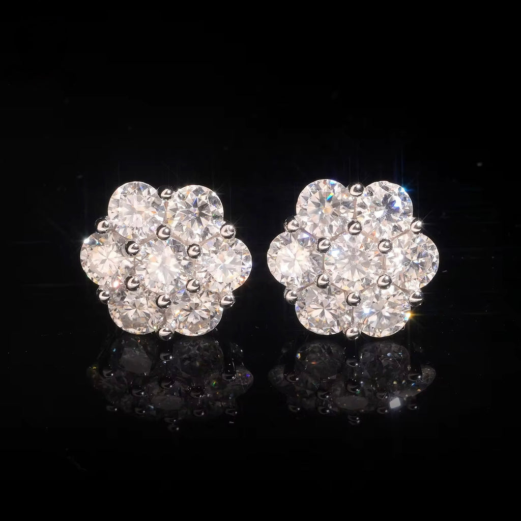 Flower Earring Screw Back Moissanite Silver S925 + Rhodium