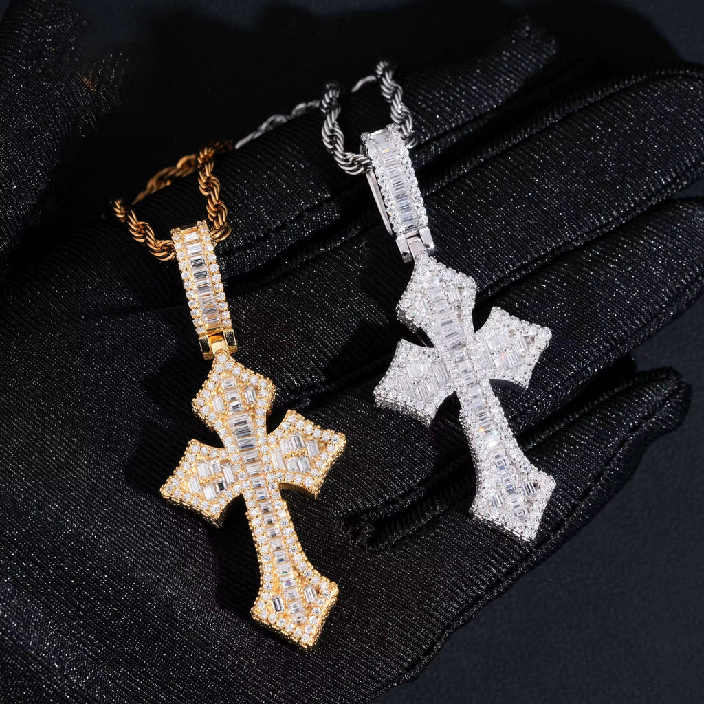 Cross Pendant Moissanite Silver S925 + Rhodium Passes Diamond Icedout Bussdown