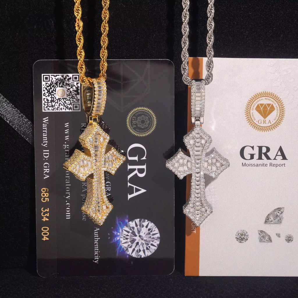 Cross Pendant Moissanite Silver S925 + Rhodium Passes Diamond Icedout Bussdown