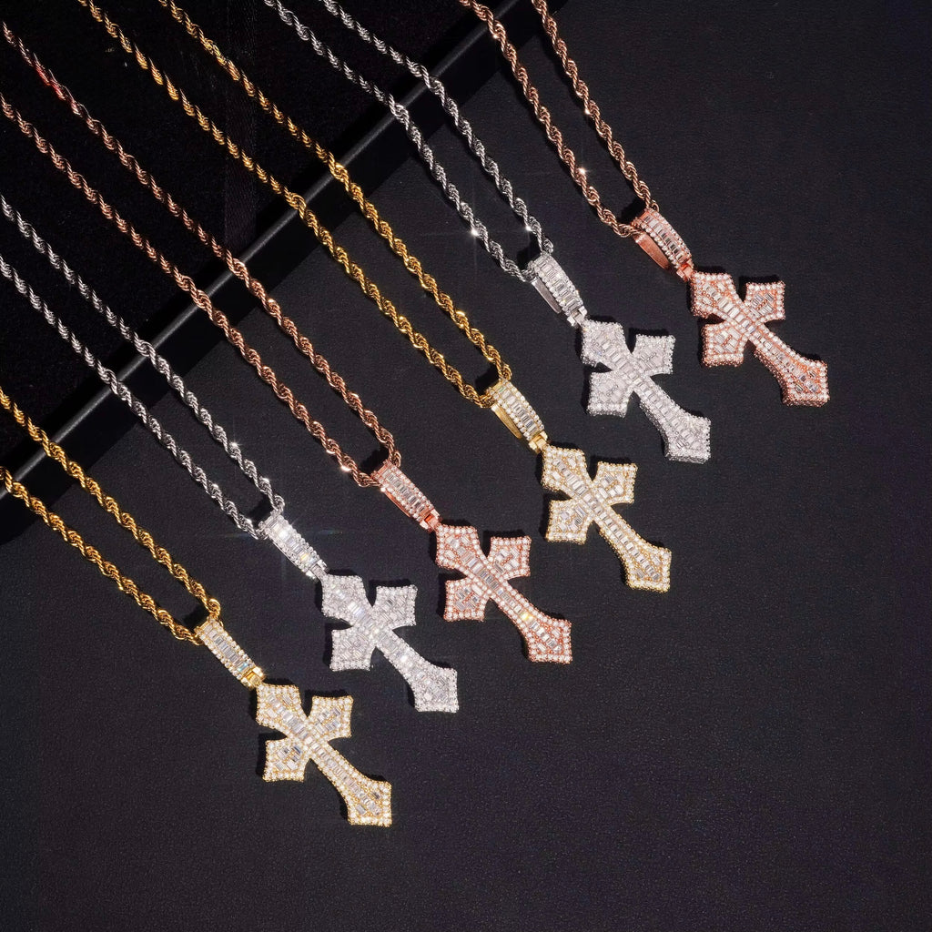 Cross Pendant Moissanite Silver S925 + Rhodium Passes Diamond Icedout Bussdown