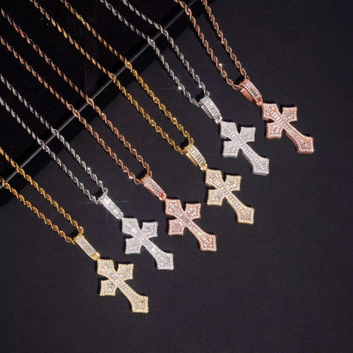 Baguette Cross Pendant — Moissanite, 925 Silver