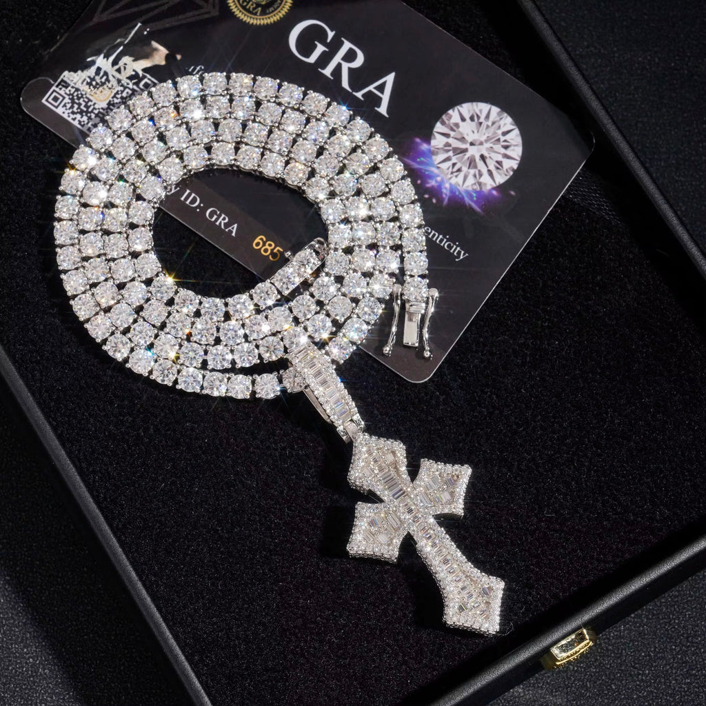 Cross Pendant Moissanite Silver S925 + Rhodium Passes Diamond Icedout Bussdown