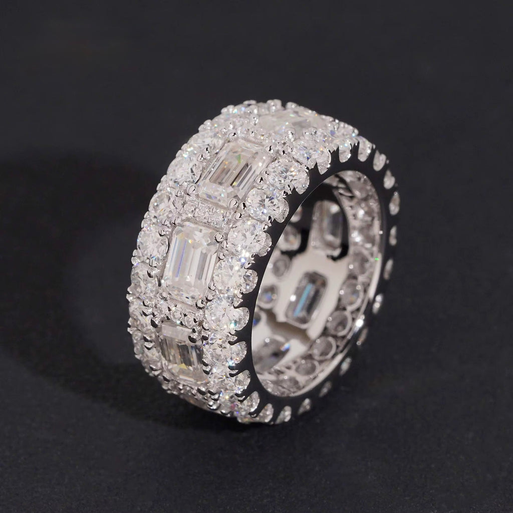 Mens Ring Moissanite Silver S925 + Rhodium Passes Diamond Icedout Bussdown