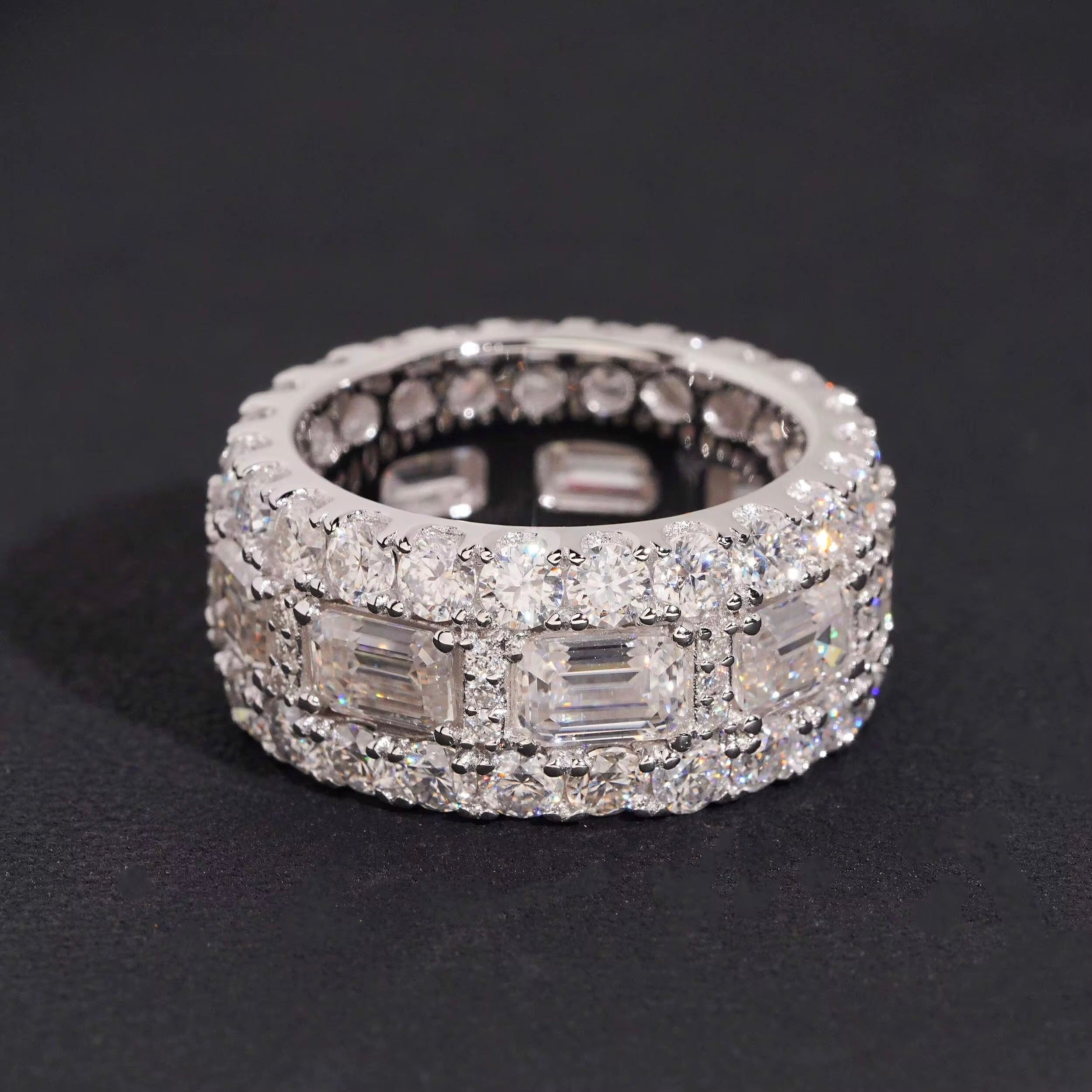 Mens Ring Moissanite Silver S925 + Rhodium Passes Diamond Icedout Bussdown