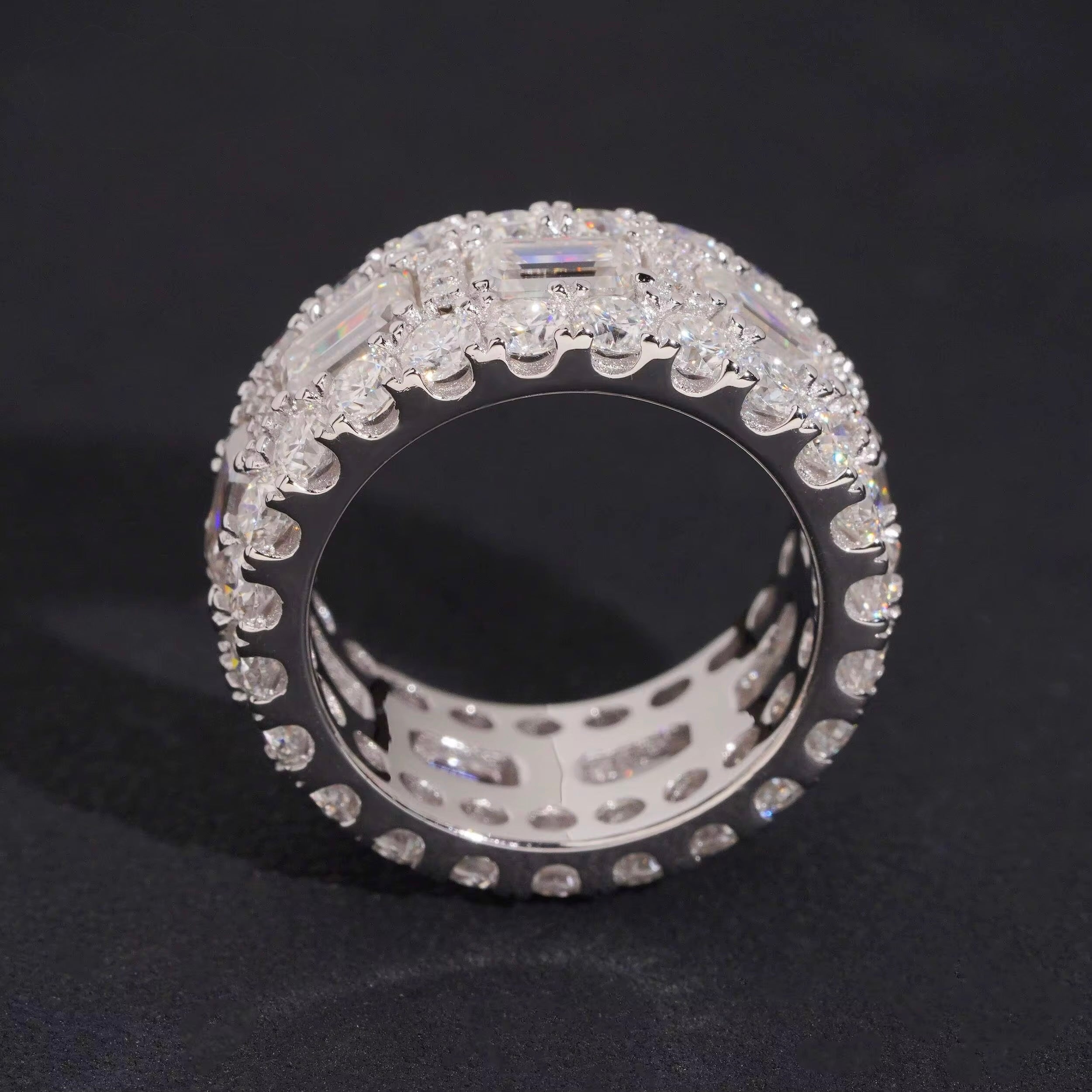 Mens Ring Moissanite Silver S925 + Rhodium Passes Diamond Icedout Bussdown