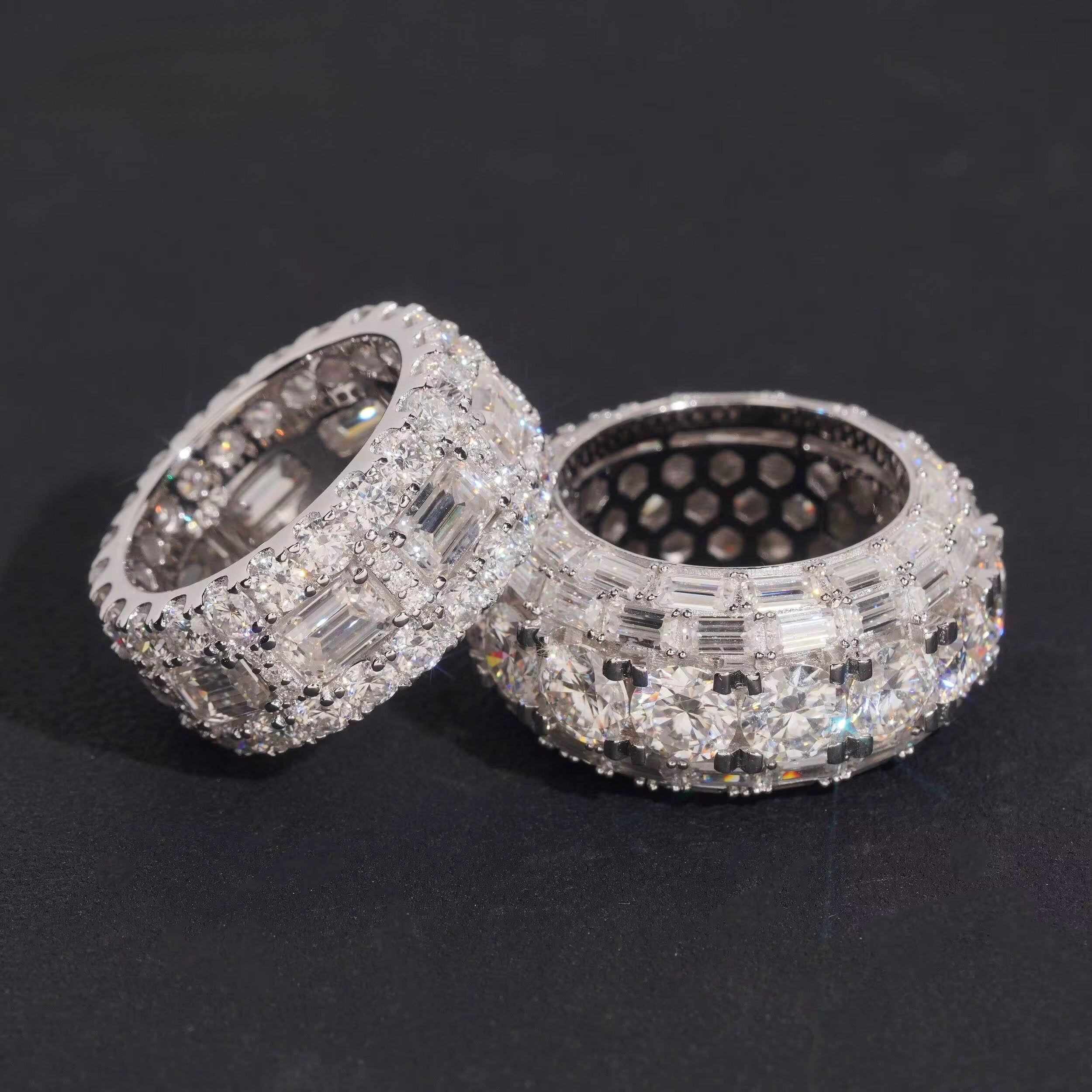 Mens Ring Moissanite Silver S925 + Rhodium Passes Diamond Icedout Bussdown