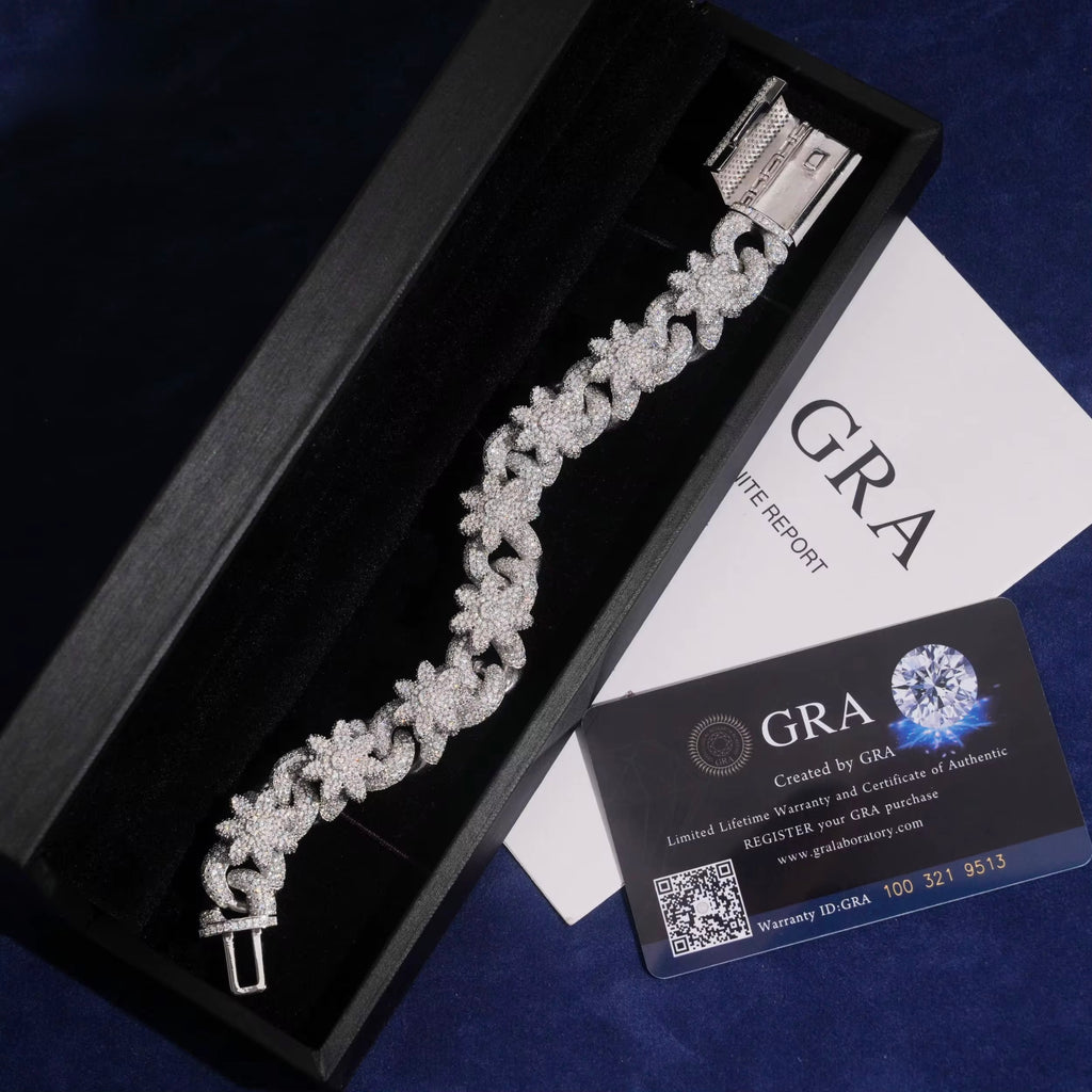 Flower Bracelet Moissanite Silver S925 + Rhodium Passes Diamond Icedout Bussdown