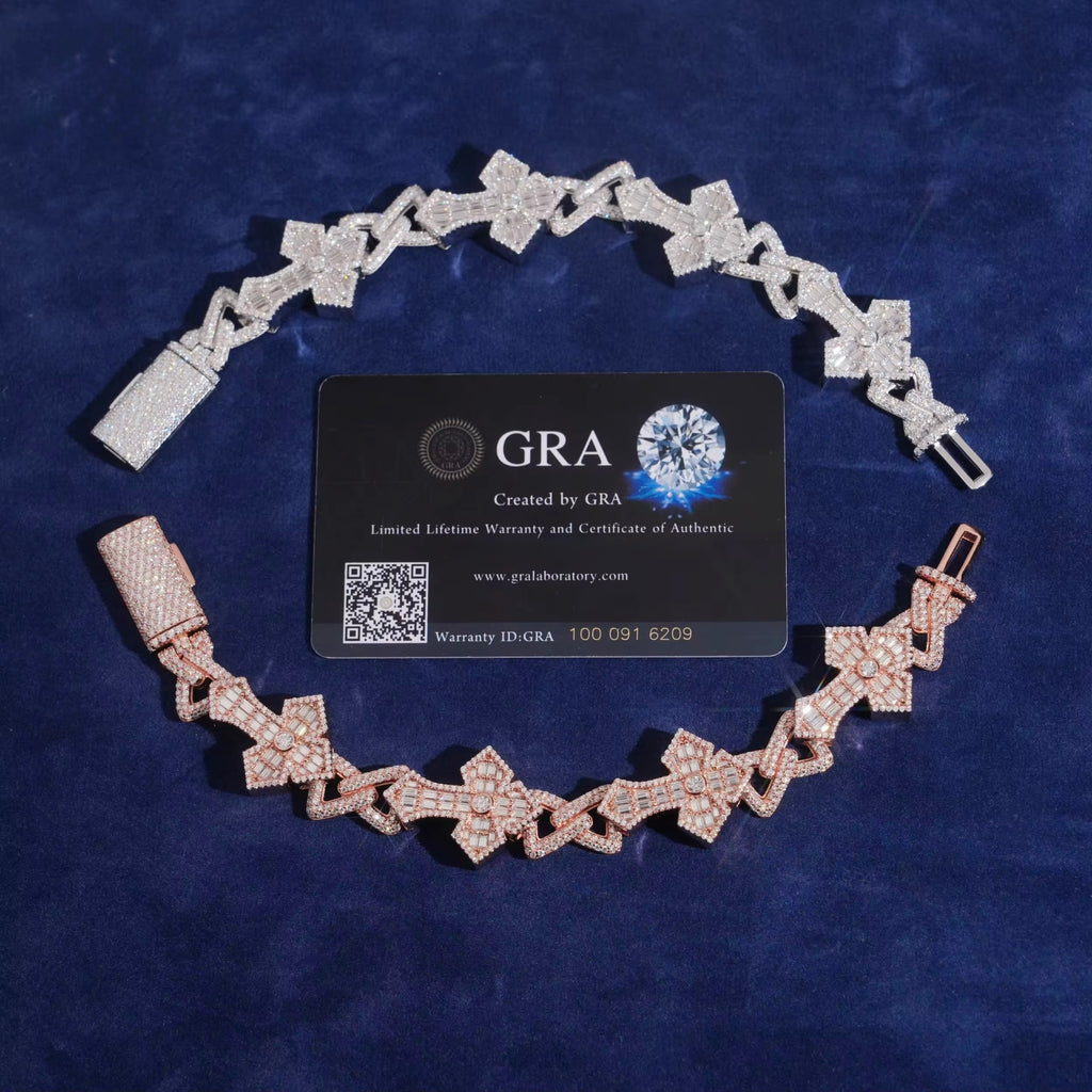 Cross Bracelet Moissanite Silver S925 + Rhodium Passes Diamond Icedout Bussdown