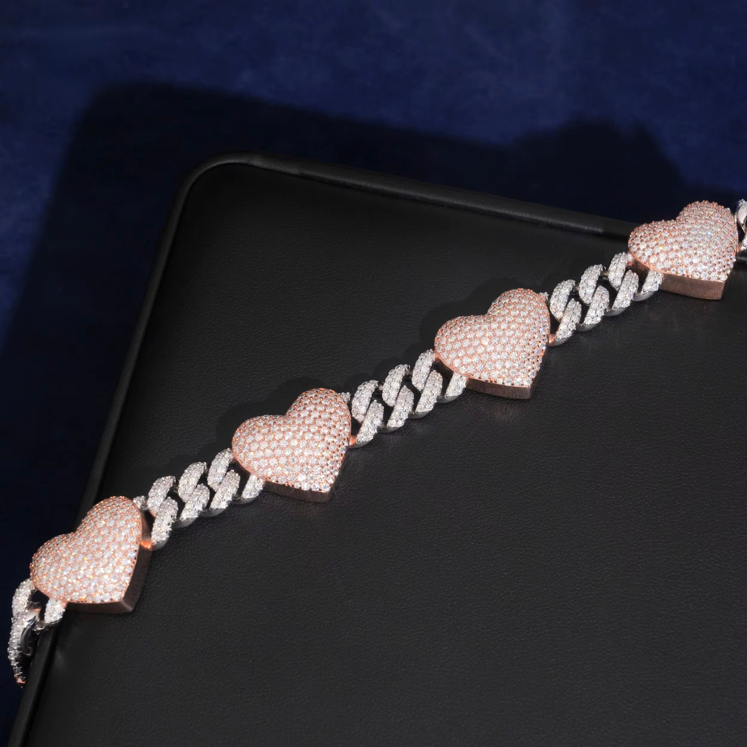 Hearts Cuban Bracelet Moissanite Silver S925 + Rhodium Passes Diamond Icedout Bussdown