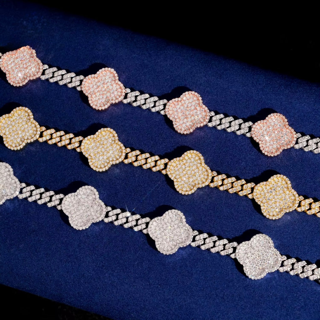 Cuban Clover Bracelet Moissanite Silver S925 + Rhodium Passes Diamond Icedout Bussdown