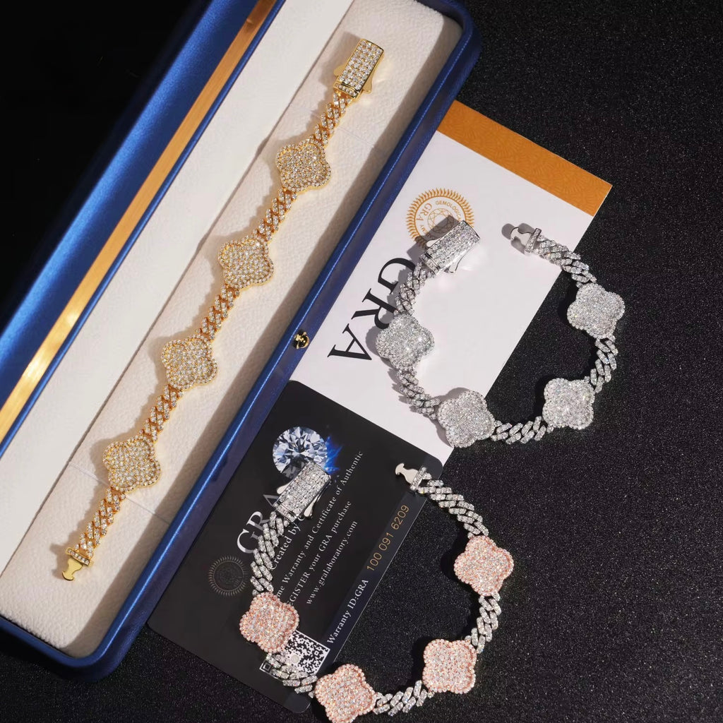 Cuban Clover Bracelet Moissanite Silver S925 + Rhodium Passes Diamond Icedout Bussdown