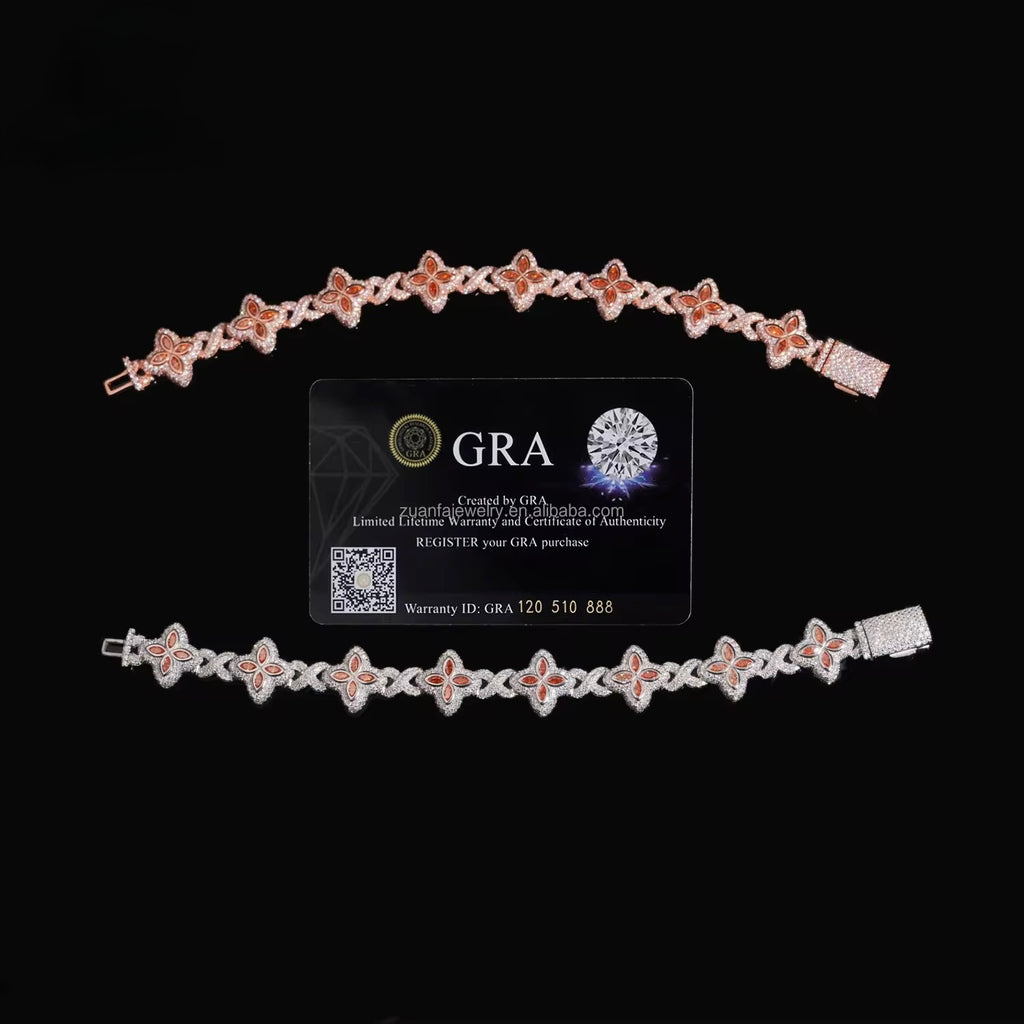 14MM Clover Bracelet Moissanite Silver S925 + Rhodium Passes Diamond Icedout Bussdown