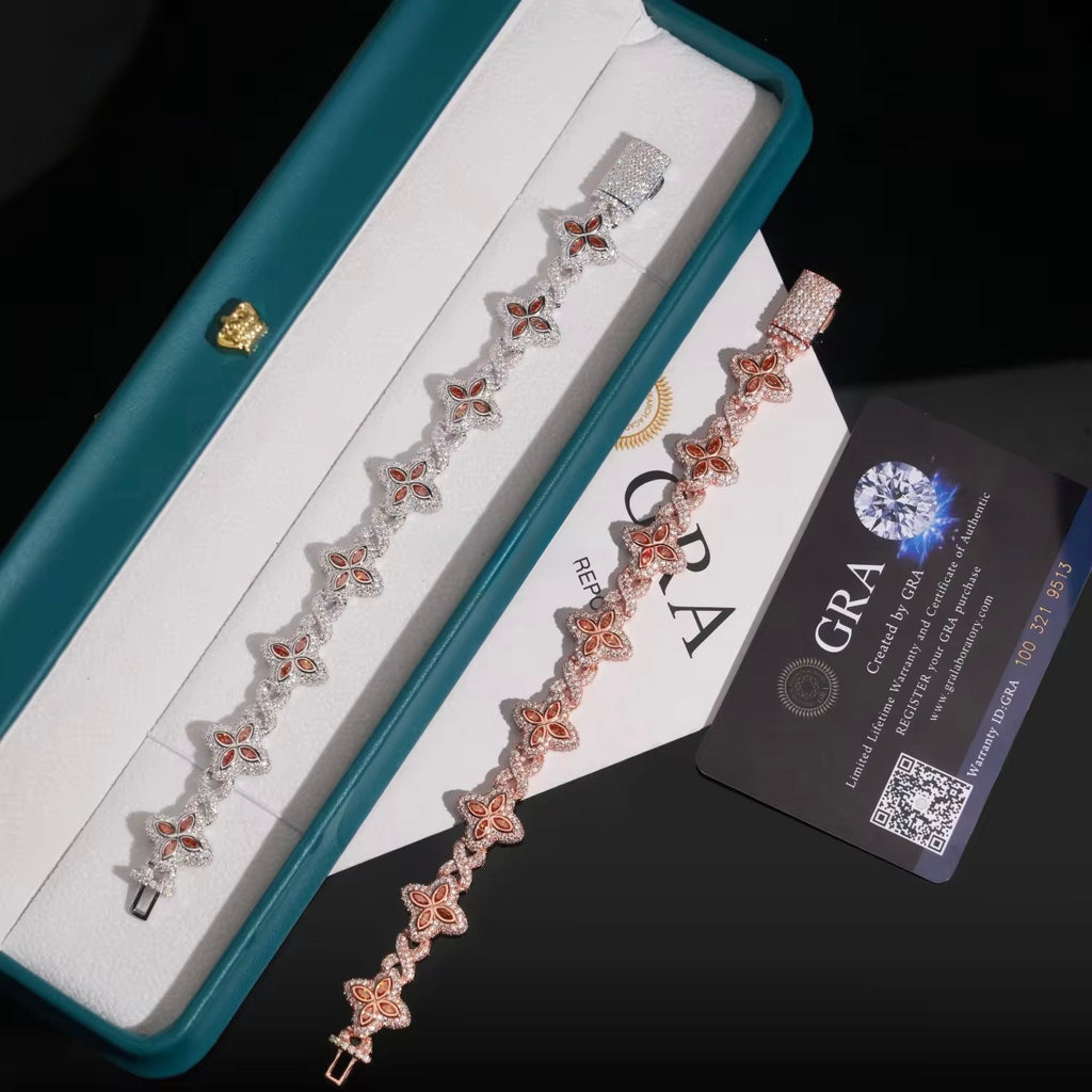 14MM Clover Bracelet Moissanite Silver S925 + Rhodium Passes Diamond Icedout Bussdown