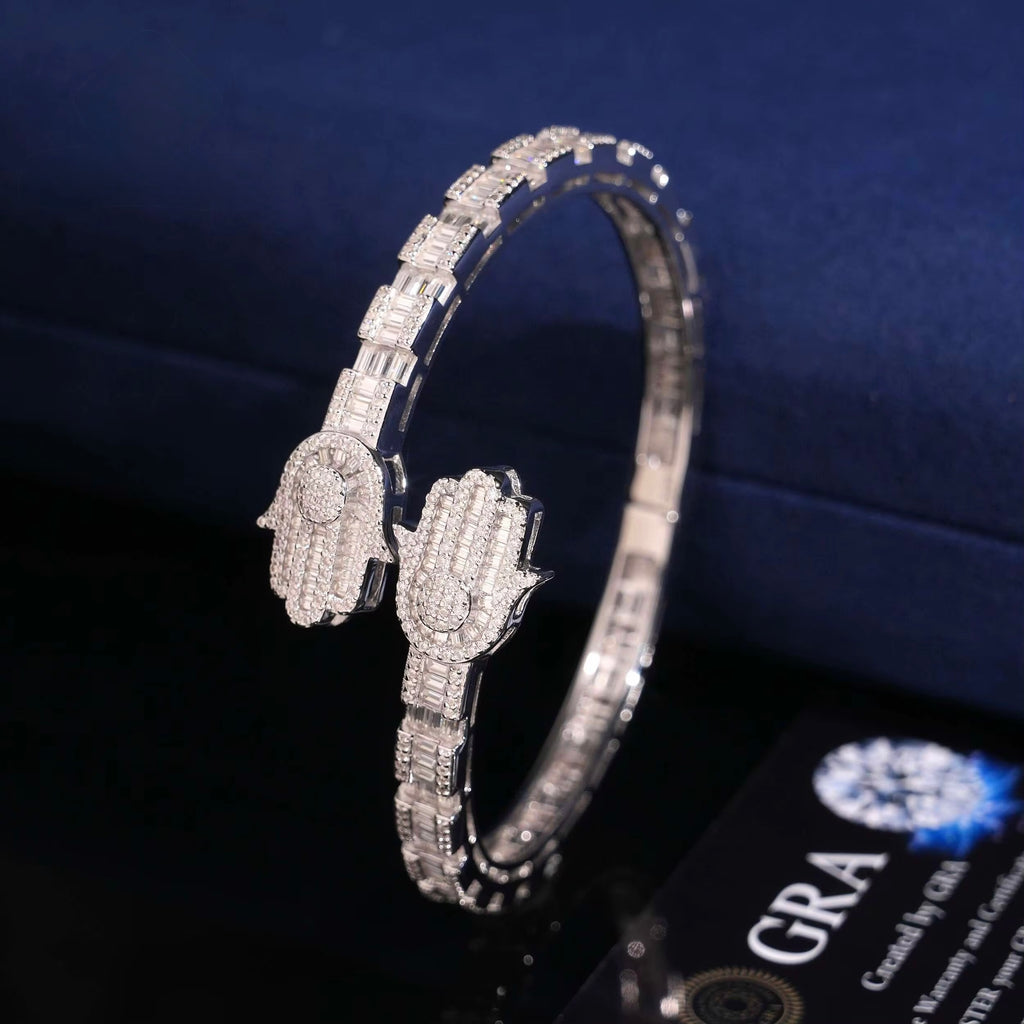Nail Hamsa Bracelet Moissanite Silver S925 + Rhodium Passes Diamond Icedout Bussdown