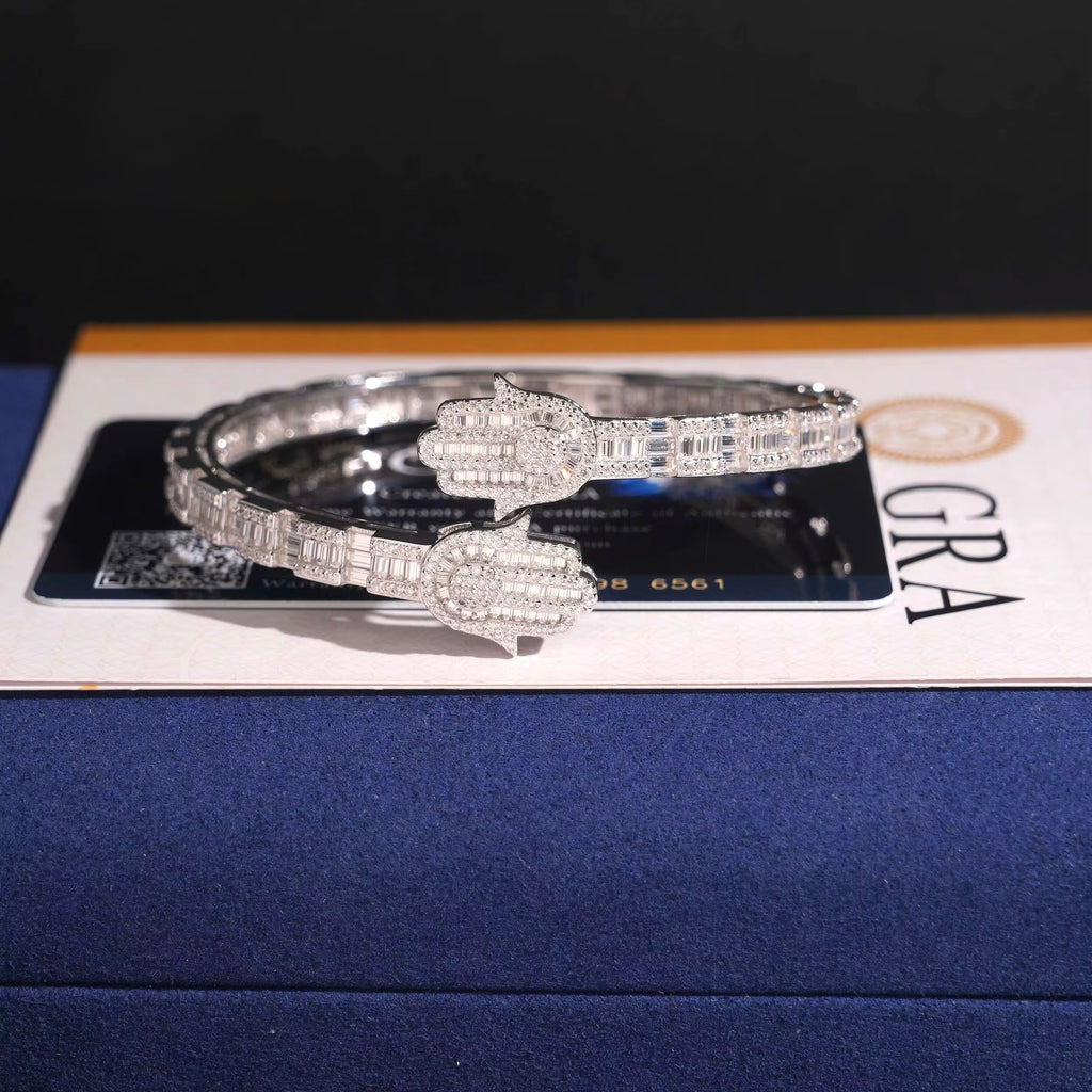 Nail Hamsa Bracelet Moissanite Silver S925 + Rhodium Passes Diamond Icedout Bussdown