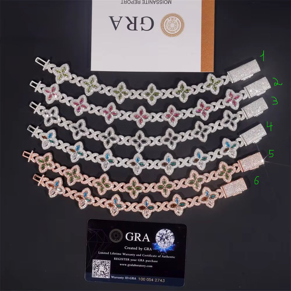 14MM Clover Bracelet Moissanite Silver S925 + Rhodium Passes Diamond Icedout Bussdown