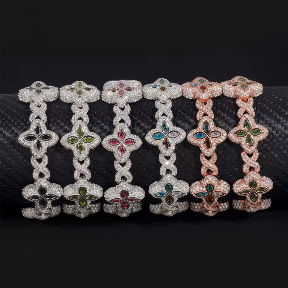 14MM Clover Bracelet Moissanite Silver S925 + Rhodium Passes Diamond Icedout Bussdown