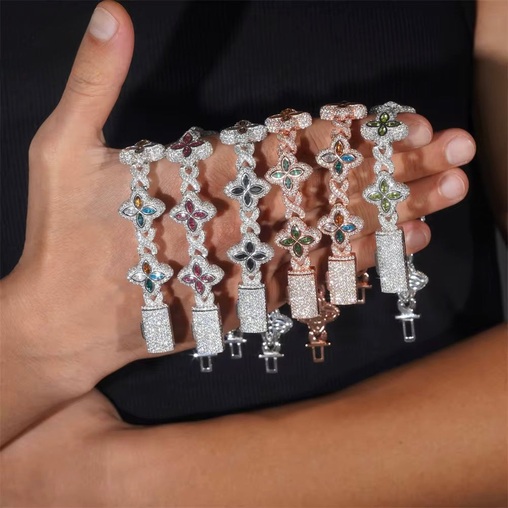 14MM Clover Bracelet Moissanite Silver S925 + Rhodium Passes Diamond Icedout Bussdown