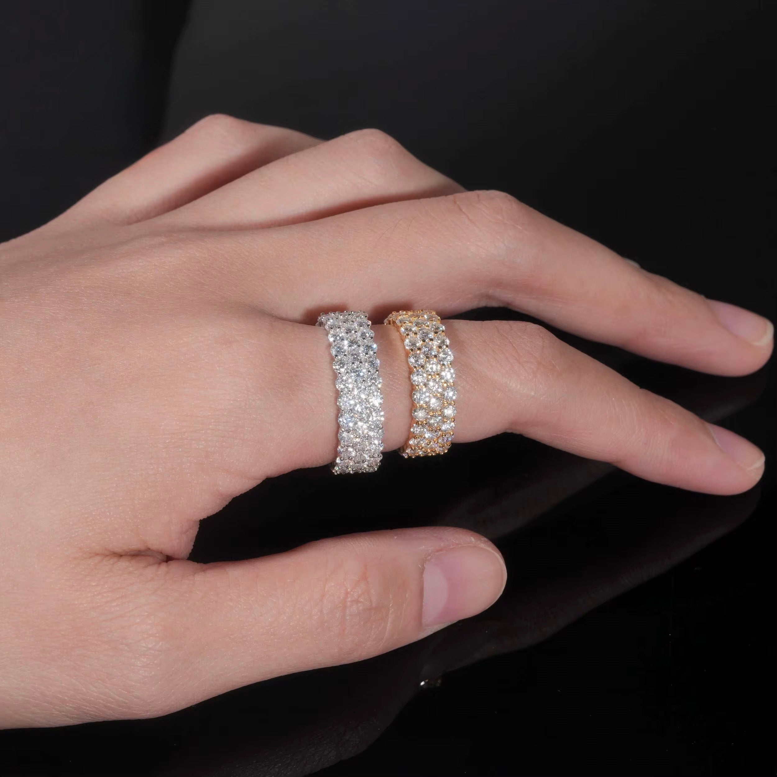 Rounded 3Row  Ring Moissanite Silver S925 + Rhodium
