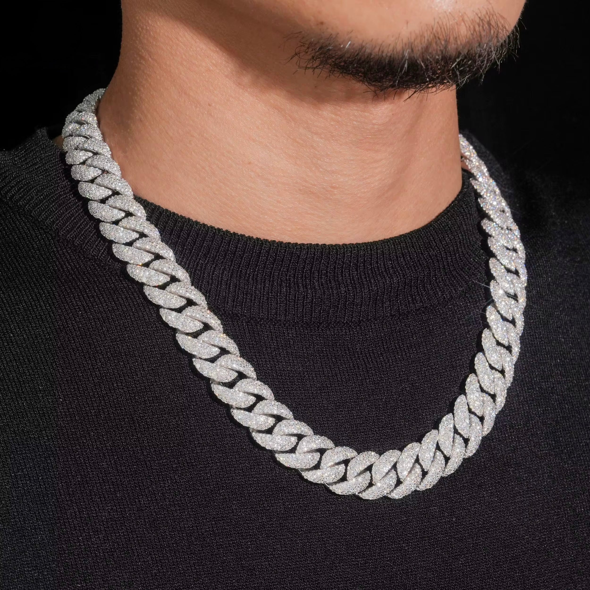 15MM Cuban Chain Pave / Mosaic Setting NEW LOCK Moissanite Silver S925 + Rhodium Passes Diamond Icedout Bussdown