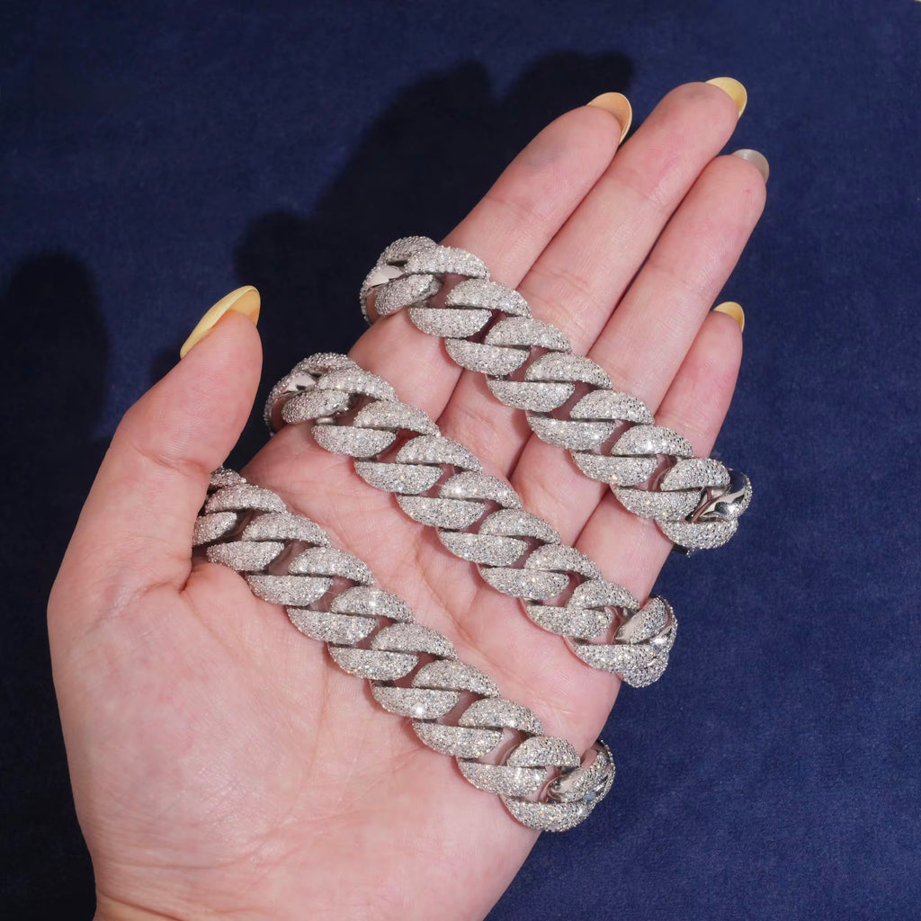 15MM Cuban Chain Pave / Mosaic Setting NEW LOCK Moissanite Silver S925 + Rhodium Passes Diamond Icedout Bussdown
