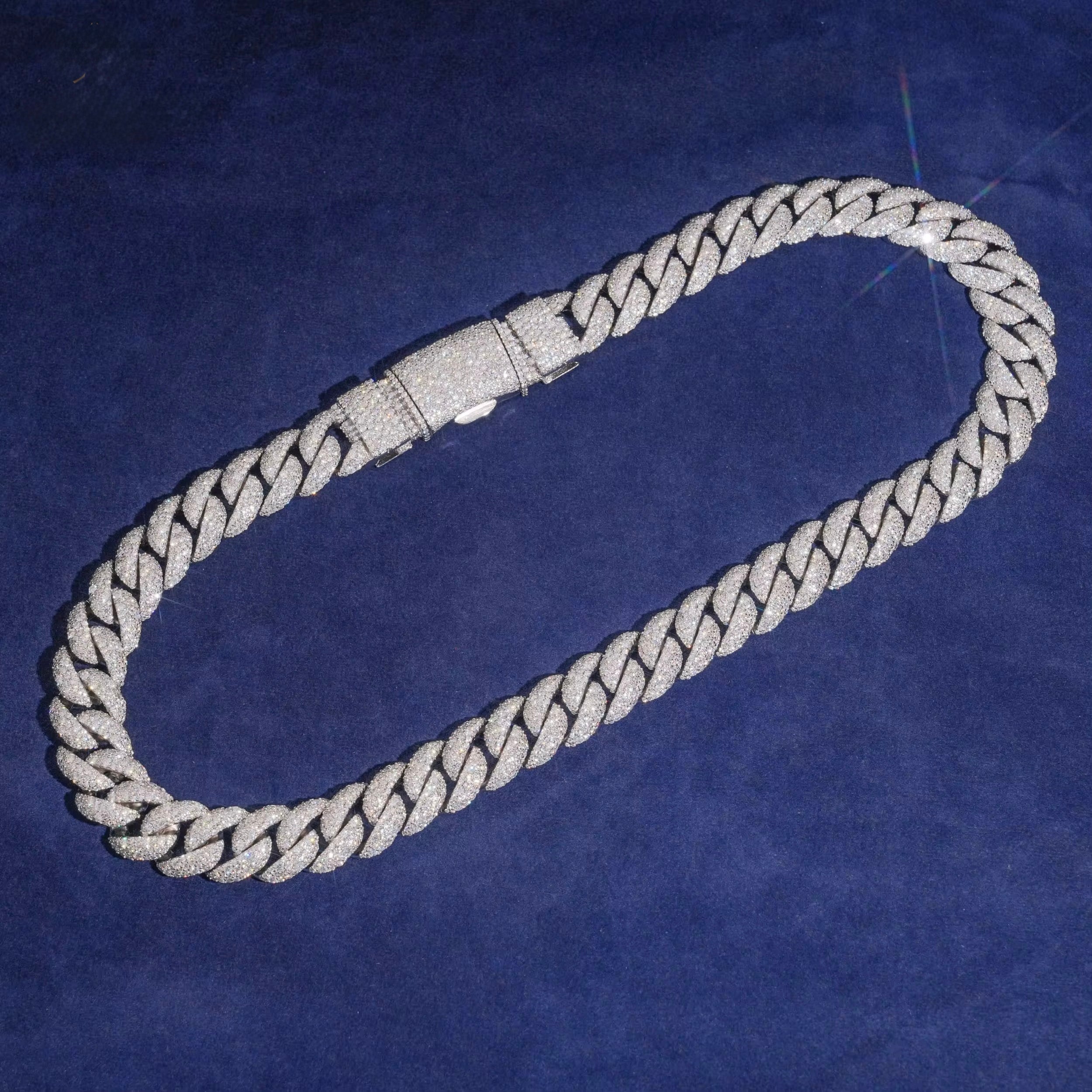 15MM Cuban Chain Pave / Mosaic Setting NEW LOCK Moissanite Silver S925 + Rhodium Passes Diamond Icedout Bussdown