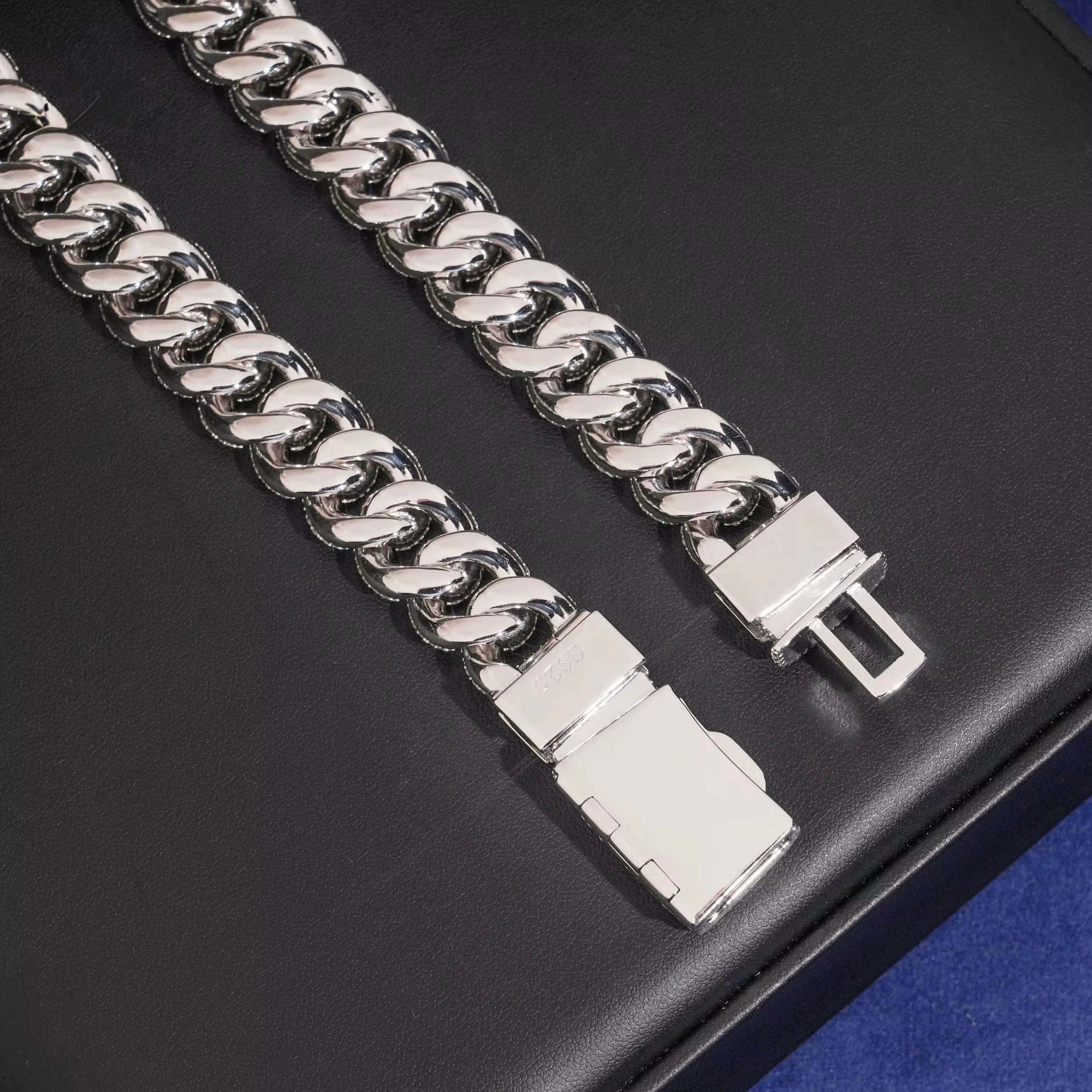 15MM Cuban Chain Pave / Mosaic Setting NEW LOCK Moissanite Silver S925 + Rhodium Passes Diamond Icedout Bussdown