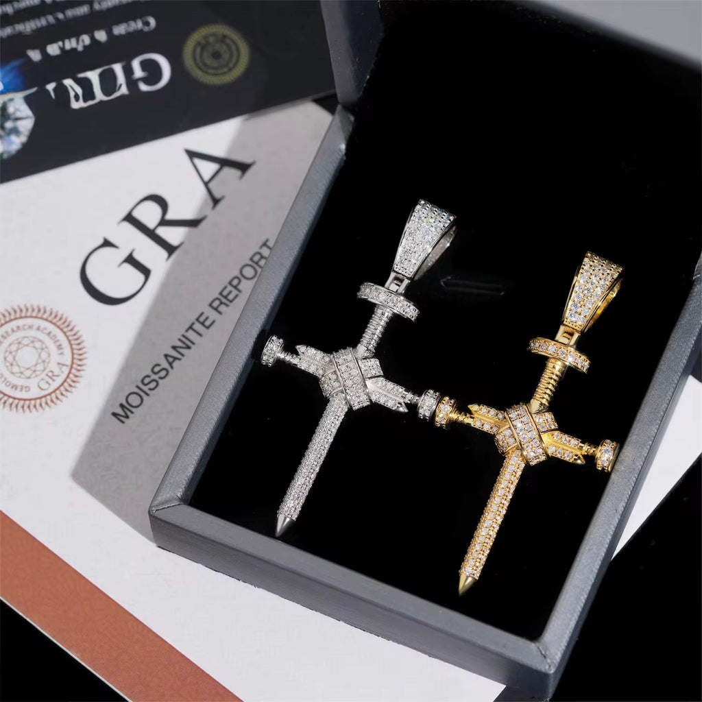 Cross Pendant Moissanite Silver S925 + Rhodium Passes Diamond Icedout Bussdown