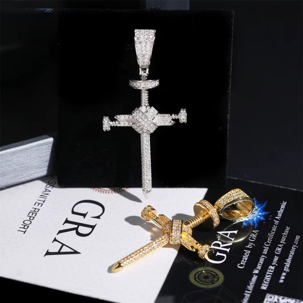 Cross Pendant Moissanite Silver S925 + Rhodium Passes Diamond Icedout Bussdown