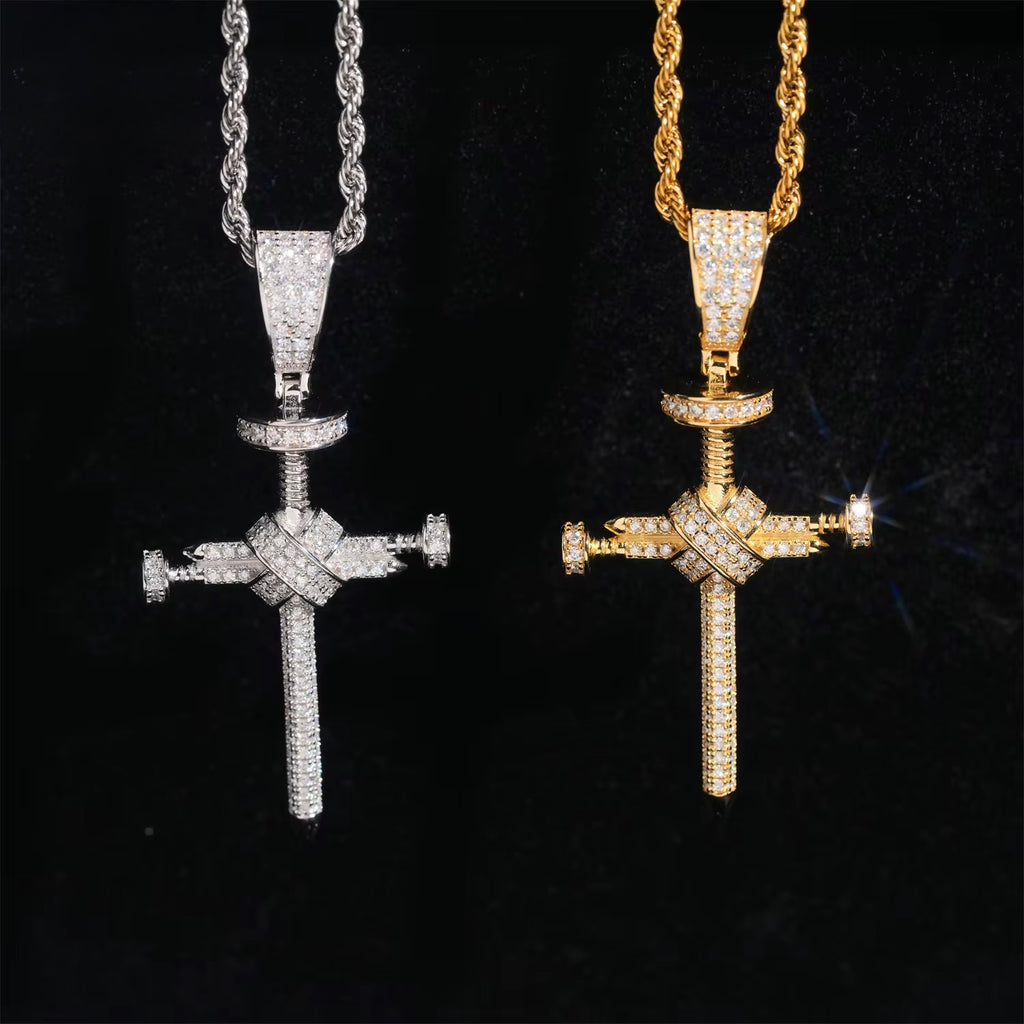 Cross Pendant Moissanite Silver S925 + Rhodium Passes Diamond Icedout Bussdown